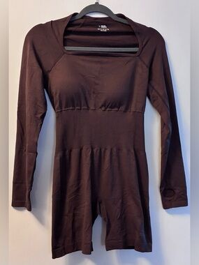 Long Sleeve Square Neck Romper - Dark Brown M